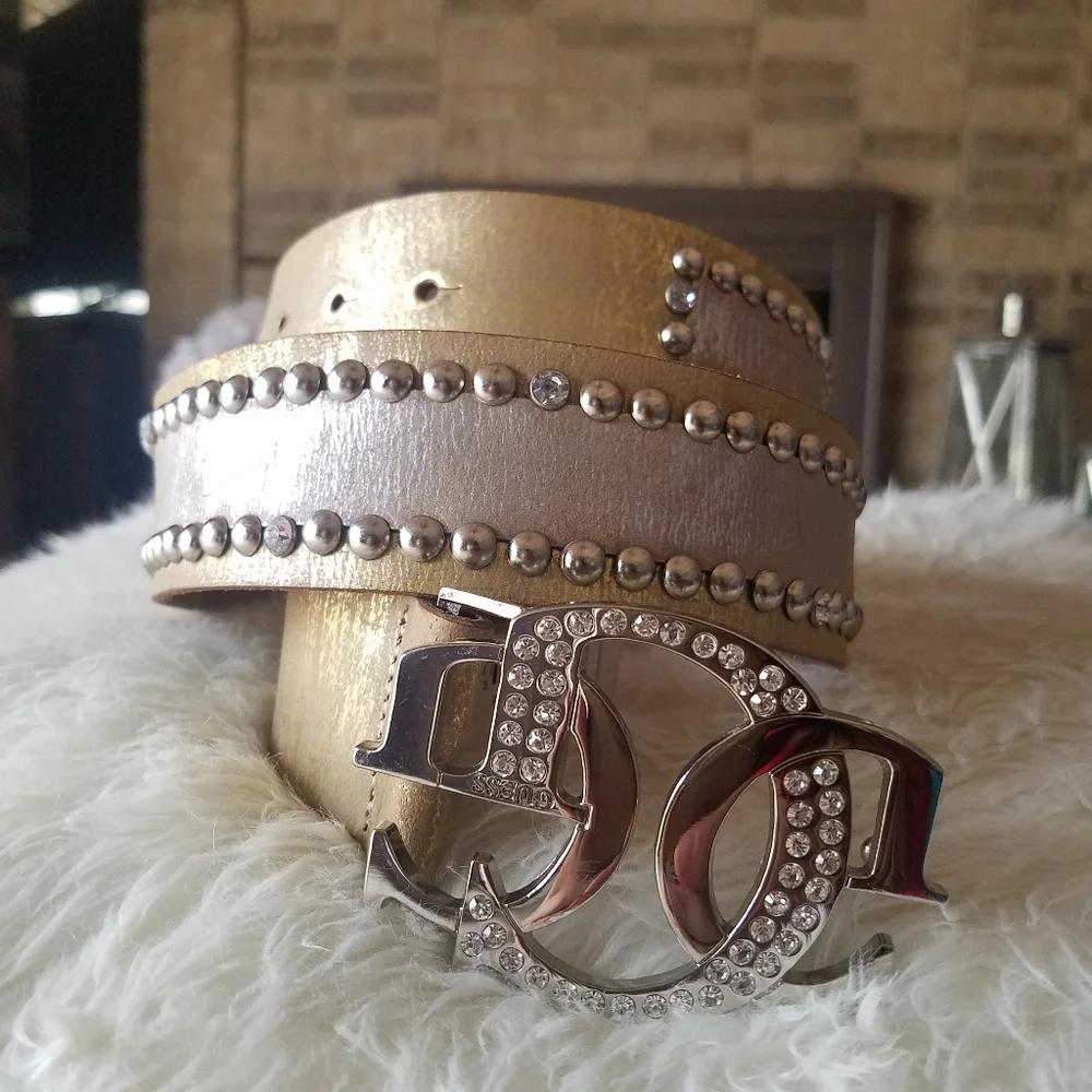 Guess Genuine Leather Gold & Silver Metallic Studded belt with Silver Buckle NEW